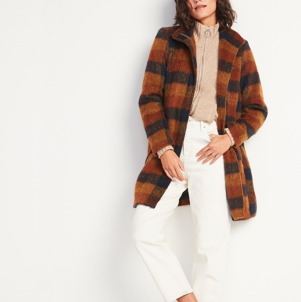 NWOT Old Navy Fuzzy Plaid Funnel Neck Car Coat